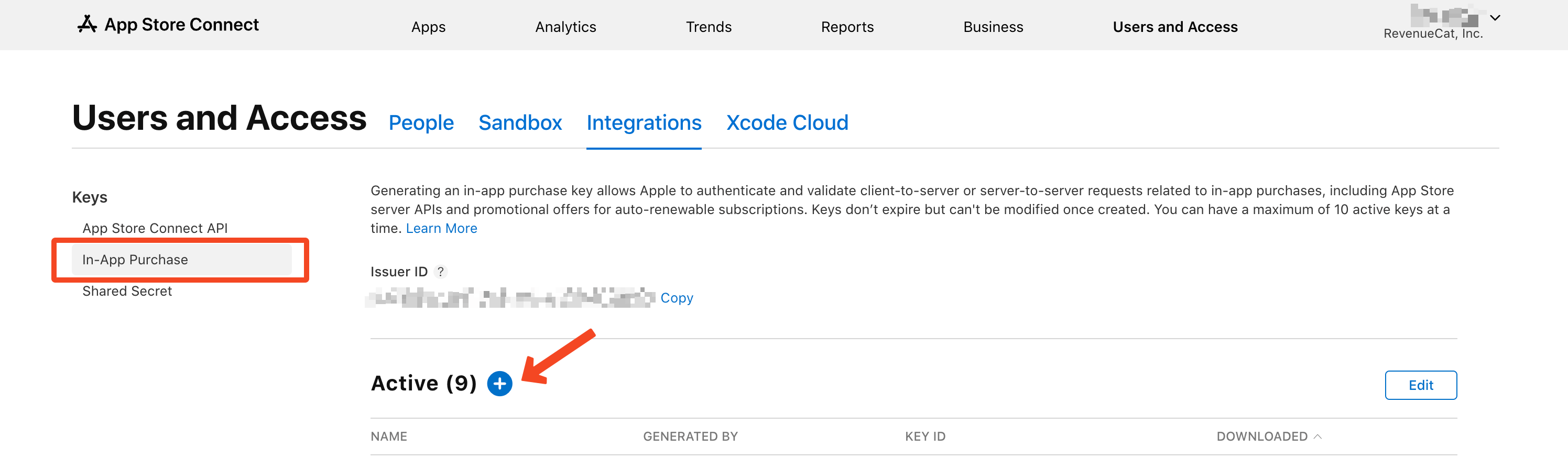 Generate In-App Purchase Key in App Store Connect