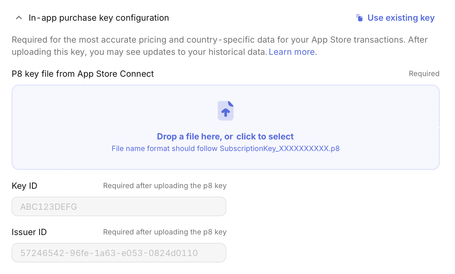 RevenueCat In-App Purchase Key configuration