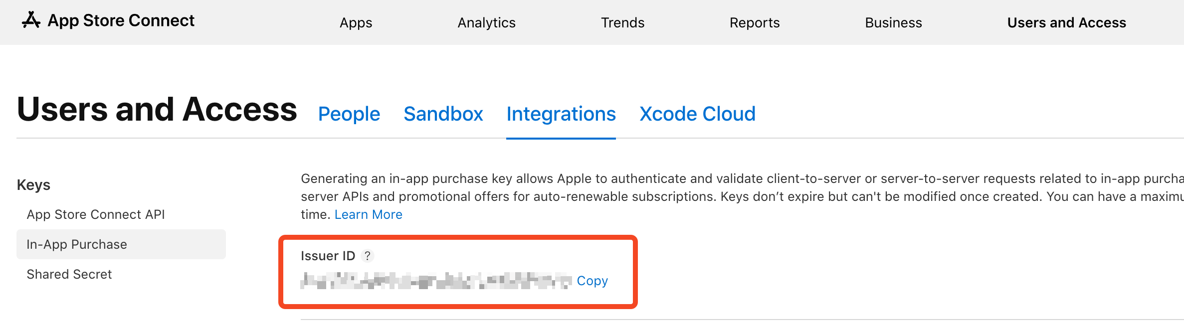 Issuer ID location in App Store Connect