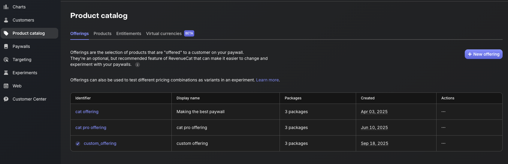 Navigating to the Offerings page in the RevenueCat dashboard