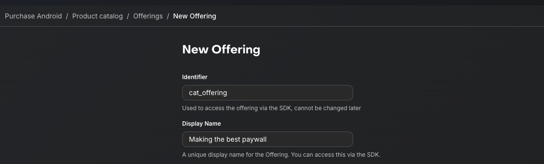 Setting the Identifier and Display Name for a new Offering