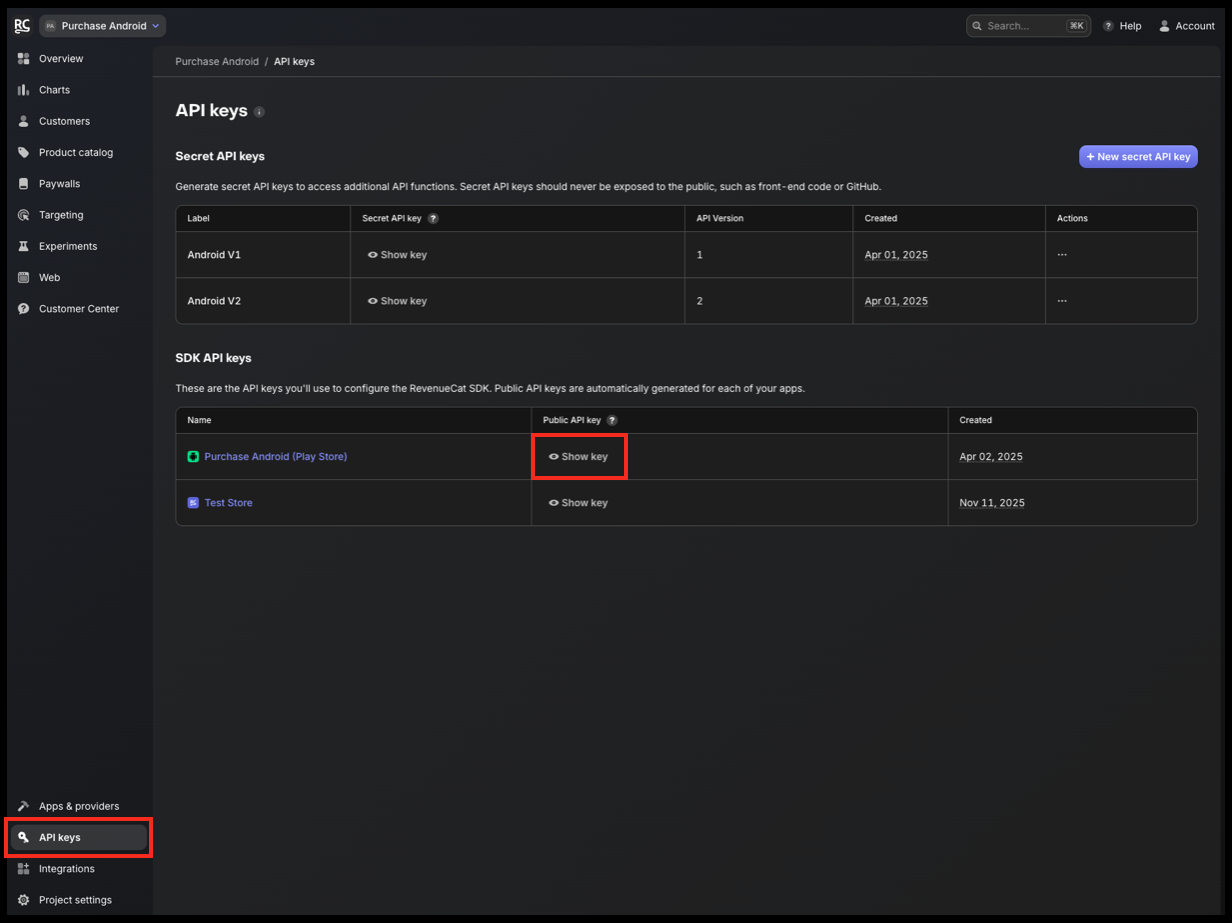 Finding your API key in the RevenueCat dashboard