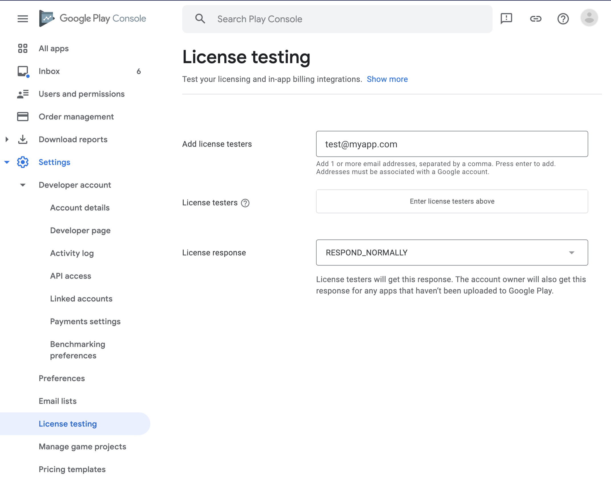 License testing settings in the Google Play Console