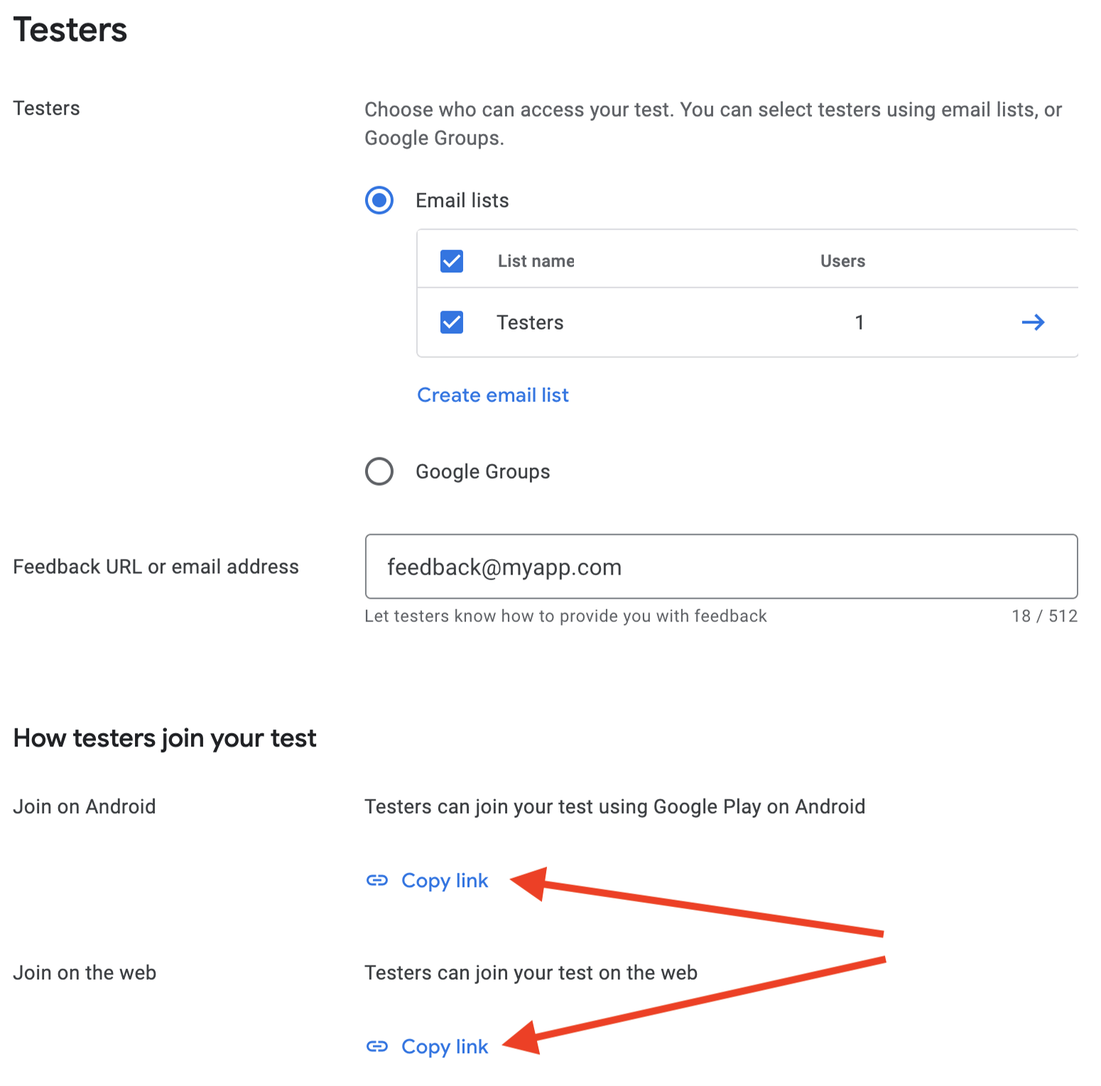 The opt-in URL shown for the closed testing track