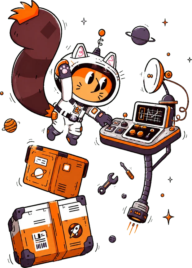 Shippy floating in space, typing on a laptop